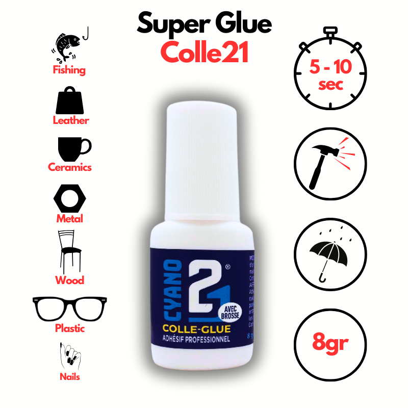 Super Glue Colle21 - 8 gr. , Colle Universelle Cyanoacrylate  avec pinceau de précision, Colle cyanoacrylate, colle pour modélisme, colle pour bricolage.